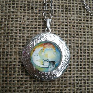 Cats on Crescent Moon Locket Pendant Necklace